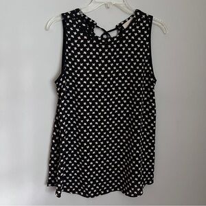 LOFT Black and Cream Bird Pattern Tie in Back Sleeveless Tank Top Size M EUC